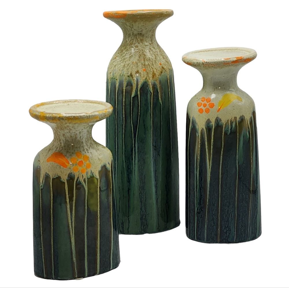 Apropos Set of 3 Vintage Ceramic Green Glazed Pillar Candle Holder